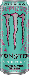 Monster Energy Ultra Vice Guava 500ml burk i mintgrön färg med rosa Monster-logotyp och texten Zero Sugar
