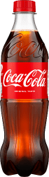 Coca-Cola Original Taste 50cl PET-flaska med röd etikett och röd kork, kolsyrad läsk i genomskinlig plastflaska