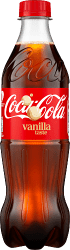 Coca-Cola Vanilla taste 50cl PET-flaska med röd etikett och vit logotyp mot vit bakgrund