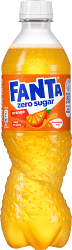 Fanta Zero Orange 50cl PET-flaska med gul etikett och apelsinmotiv, sockerfri kolsyrad apelsinläsk