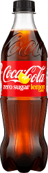 Coca-Cola Zero Sugar Lemon 50cl PET-flaska med röd etikett och svart kork mot vit bakgrund