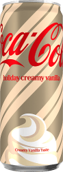 Coca-Cola Holiday Creamy Vanilla 33cl burk med krämgul design, diagonala ränder och röd logotyp samt texten Creamy Vanilla Taste