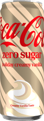 Coca-Cola Holiday Creamy Vanilla 33cl burk med krämgul design, diagonala ränder och röd logotyp samt texten Creamy Vanilla Taste