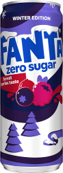 Fanta Zero Forest Berries 33cl burk i lila och mörkblått med skogsbärsmotiv och texten Winter Edition
