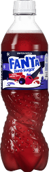 Fanta Zero Forest Berries 50cl PET-flaska med mörkblå etikett och skogsbärsmotiv, sockerfri läsk, Winter Edition