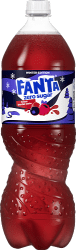 Fanta Zero Forest Berries 1,5L PET-flaska med mörkröd färg och Winter Edition-etikett med skogsbärsmotiv