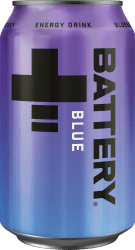 Battery Blueberry energidryck 33cl burk med lila och blå design och Battery-logotyp i vitt