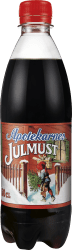 Apotekarnes Julmust 50cl PET-flaska med röd kork och klassisk julettikettdesign med tomte
