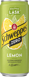 Schweppes Lemon Zero 33cl burk i grönt och gult med citronmotiv och texten Kolsyrad Läsk