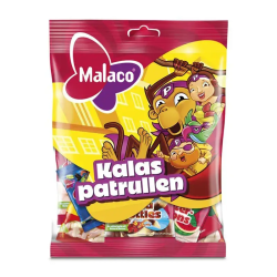 Malaco Kalaspatrullen 18x138g, röd och gul godispåse med tecknade figurer och blandad godismix