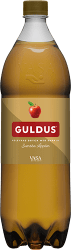 Guldus Orginal äppelläsk i 1,5-liters PET-flaska med guldfärgad etikett och röd Guldus-logotyp, Vasa Bryggeri