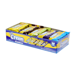 Förpackningslåda med Mini Cream Cookies 12x230g, visar 10 individuella påsar i 5 smakvarianter i blå och gul kartong