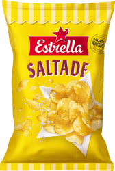 Gul påse Estrella Saltade Potatischips 160g med krispiga chips och saltflingor på framsidan