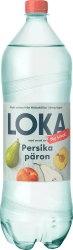 Loka Persika Päron 1,5 liters PET-flaska med vit etikett och dekoration av persika och päron, märkt Ny smak