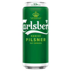 Grön 50cl burk med Carlsberg Danish Pilsner 3,5% vol, märkt 1847 Onwards och By Appointment to the Royal Danish Court