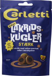 Carletti Kakao Lakridskugler Stærk 115g blå påse med lakritskulor i kakaoovertäckning rullade i lakritspulver