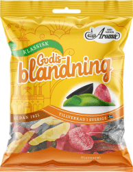 Aroma Godisblandning Klassisk 80g, gul påse med geléråttor, lakritsbåtar och geléhallon, tillverkad i Sverige sedan 1921, gluten