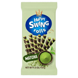 Förpackning av Happy Swing Rolls Matcha 150g med rullvåfflor med matchakräm och matcha-pulver i skål på ljusgrönt omslag