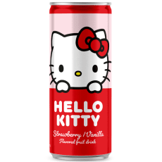 Hello Kitty Strawberry Vanillia Drink i röd och rosa 250ml burk med Hello Kitty-motiv, jordgubb- och vaniljsmak, 24-pack