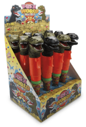 Displaybox med 12 st T-Rex World godisdispensers formade som T-Rex-dinosaurier i orange och grönt, märkta 12x20g
