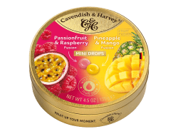 Cavendish & Harvey Fruit Fusion Mini Drops i guldfärgad plåtburk med smakerna Passionfruit & Raspberry och Pineapple & Mango 130