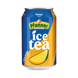 Pfanner Ice Tea Mango 33cl burk med blå och orange design, mangobild och texten Mango Taste på framsidan
