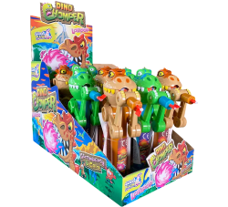 Display med 12 st Dino Chomper lollipop från Sweet Flash i smakerna jordgubb och cola med dinosauriefigurer i grönt och brunt