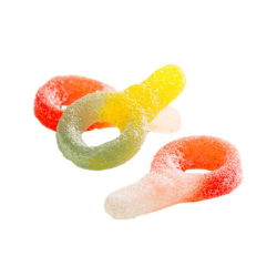 Sockerbeströdda Haribo-nappar i gult, grönt och rött, syrligt vingummi med fruktsmak i storpack 3kg