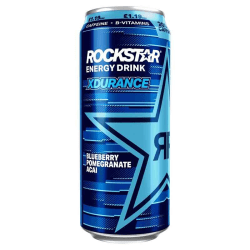 Rockstar Energy Drink Xdurance Blueberry Pomegranate Acai 500ml blå burk med stjärnlogotyp och smakbeskrivning på framsidan