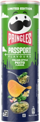 Pringles Passport Italian Style Pesto 165g grön och mörkblå limited edition-burk med bild på pesto och potatischip