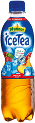 Pfanner Ice Tea Persika 50cl PET-flaska med blå etikett, persikabild och Rainforest Alliance-märkning