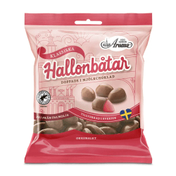 Rosa påse med Aroma Klassiska Hallonbåtar doppade i mjölkchoklad, tillverkad i Sverige, fri från palmolja