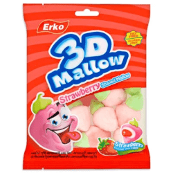Erko 3D Mallow Strawberry 80g, röd påse med jordgubbsformade rosa och gröna marshmallows med halal- och glutenfri-märkning