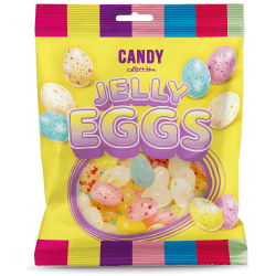 Gul påse med Candy Collection Jelly Eggs, färgglada geléägg i äggform i pastellfärger synliga genom förpackningsfönstret