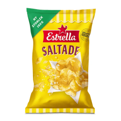 Gul påse Estrella Saltade Potatischips 160g med krispiga chips och saltflingor på framsidan
