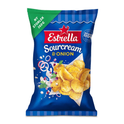 Estrella Sourcream & Onion chips 160g blå påse med finräfflade chips och gräddfil- och lökingredienser på framsidan