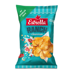 Turkos påse Estrella Ranch & Sourcream finräfflade potatischips med röd stjärnlogotyp och bild på chips med grädde och grönsaker