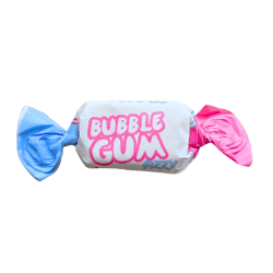 Individuellt inslagna fizzy bubble gum kolakarameller med vit förpackning, rosa text och blå och rosa ändknutar, 1kg
