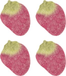 Fyra sockrade jordgubbsformade gelégodisar från Malaco med rosa socker och grön topp sedda ovanifrån