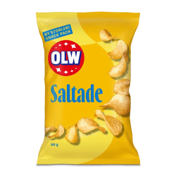 Gul påse OLW Lättsaltade Chips 90g Snack Pack med krispiga potatischips och OLW-logotypen