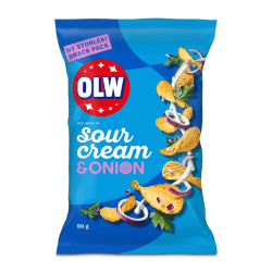 OLW Sourcream & Onion chips 90g snackpack, blå påse med finräfflade chips och lök samt persilja
