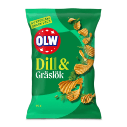 OLW Dill & Gräslök chips 90g grön påse med grovräfflade chips och dillkvist, Snack Pack storlek