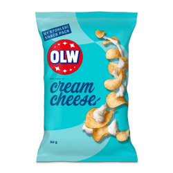 OLW Cream Cheese chips 90g snack pack, turkos påse med OLW-logga och chipsbild med cream cheese-sås