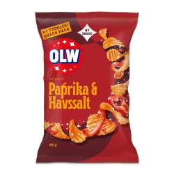OLW Paprika & Havssalt chips 90g snack pack, röd påse med räfflade chips och texten Ny Smak