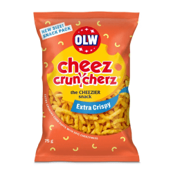 OLW Cheez Crunchers Extra Crispy 75g, orange påse med extra krispiga majsostbågar, snackpack storlek, 45-pack kolli