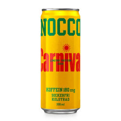 Gul NOCCO Carnival 330 ml burk Limited Edition 2026 med grön NOCCO-logotyp, röd Carnival-text, 180 mg koffein, sockerfri och kol