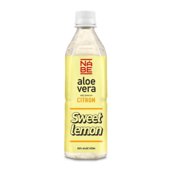 NåBe Aloe Vera Sweet Lemon 50cl genomskinlig plastflaska med gul etikett och citronmotiv