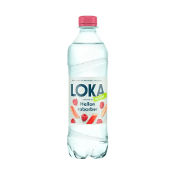 Loka Hallon Rabarber 50cl plastflaska med rosa kork, etikett med hallon och rabarberbitar, Ny smak-märkning
