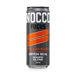 Mörkgrå NOCCO Focus Stellar Blend burk 330 ml med orange ränder och smak av ananas och mangostan, 180 mg koffein, sockerfri
