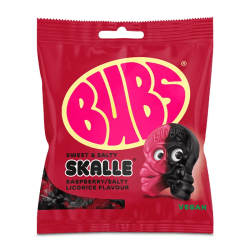 Röd påse Bubs Raspberry Salty Licorice Skalle 155g med skalleformade gelébitar i hallon och lakrits, märkt Vegan